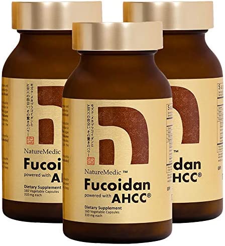 NatureMedic Fucoidan Powered with AHCC® Brown Seaweed Immunity Supplement with High Purity Organic Mekabu Mozuku Agaricus 3 Bottles - 480 Vegetable Capsules Made in Japan